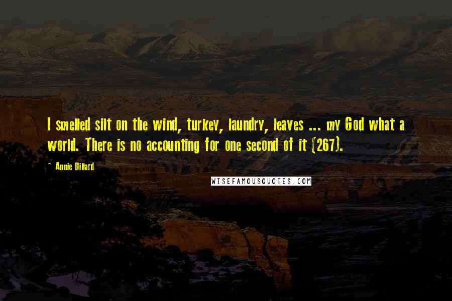 Annie Dillard quotes: I smelled silt on the wind, turkey, laundry, leaves ... my God what a world. There is no accounting for one second of it (267).