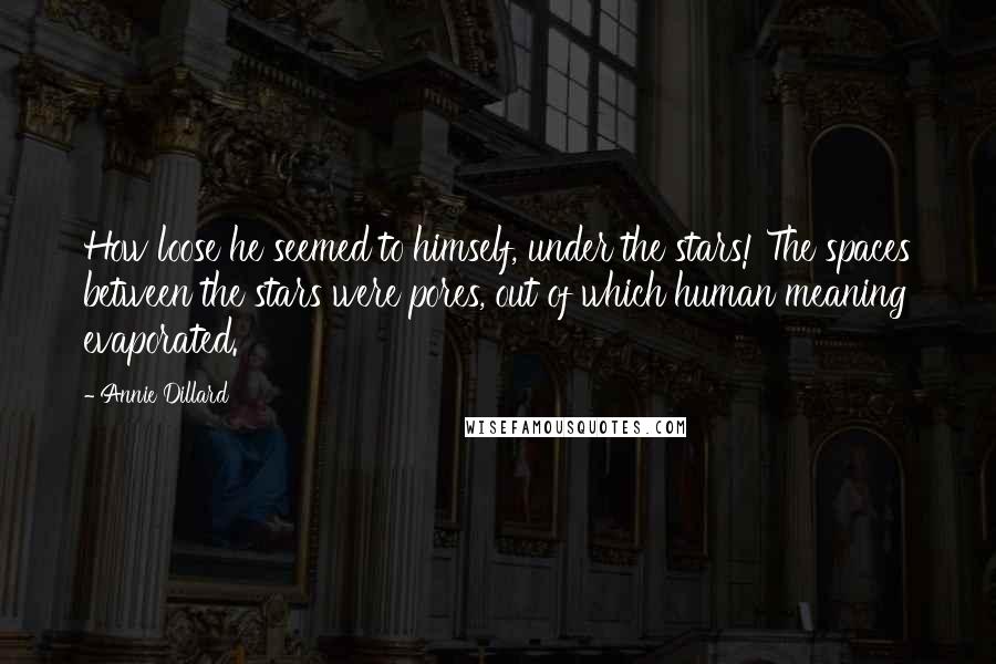 Annie Dillard quotes: How loose he seemed to himself, under the stars! The spaces between the stars were pores, out of which human meaning evaporated.