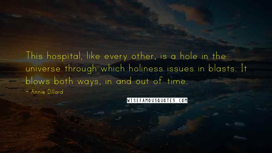 Annie Dillard quotes: This hospital, like every other, is a hole in the universe through which holiness issues in blasts. It blows both ways, in and out of time. Annie Dillard quotes: This hospital, like every other, is a hole in the universe through which holiness issues in blasts. It blows both ways, in and out of time.