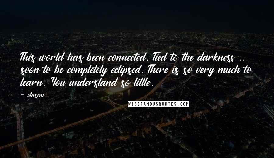 Ansem quotes: This world has been connected. Tied to the darkness ... soon to be completely eclipsed. There is so very much to learn. You understand so little.