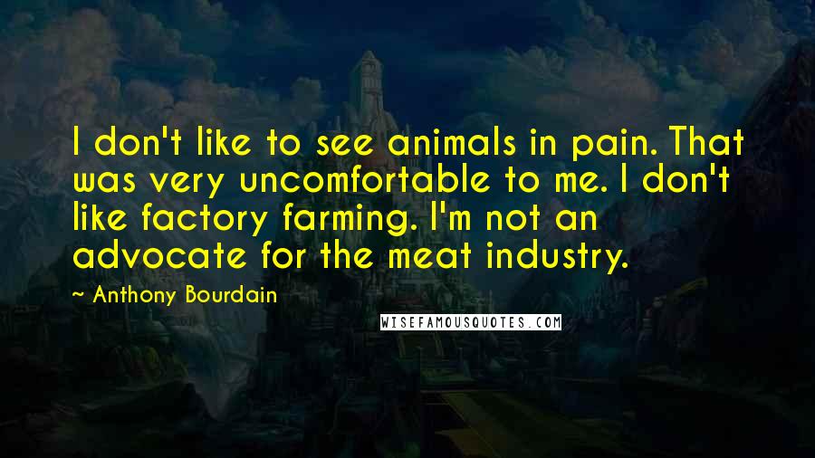 Anthony Bourdain quotes: I don't like to see animals in pain. That was very uncomfortable to me. I don't like factory farming. I'm not an advocate for the meat industry.