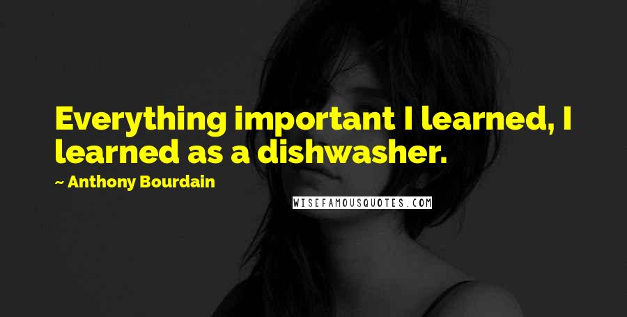 Anthony Bourdain quotes: Everything important I learned, I learned as a dishwasher.