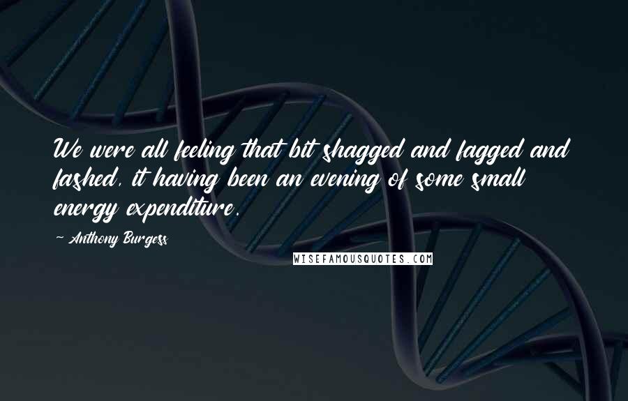 Anthony Burgess quotes: We were all feeling that bit shagged and fagged and fashed, it having been an evening of some small energy expenditure. Anthony Burgess quotes: We were all feeling that bit shagged and fagged and fashed, it having been an evening of some small energy expenditure.