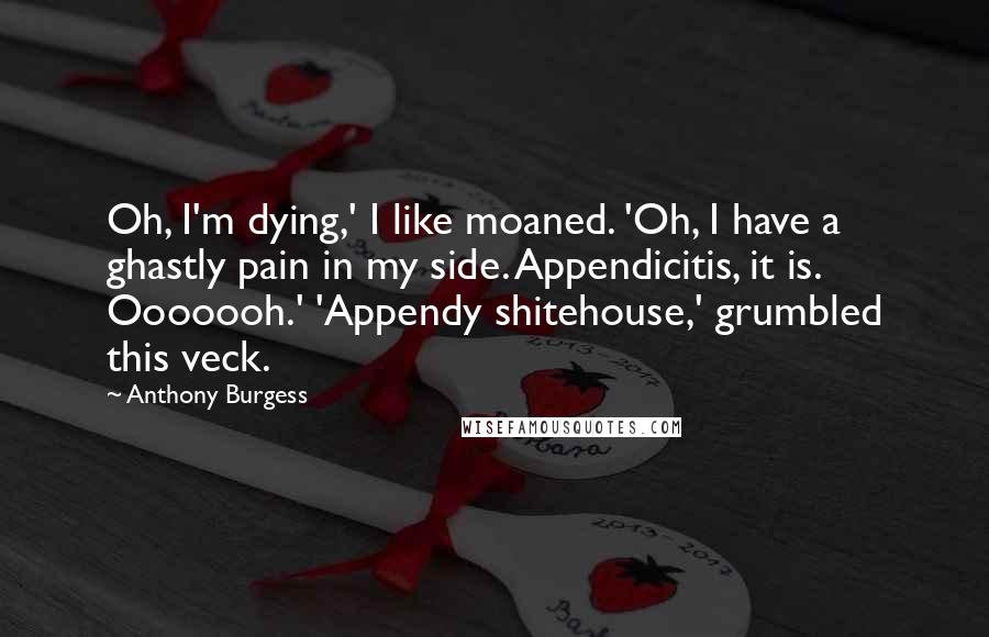 Anthony Burgess quotes: Oh, I'm dying,' I like moaned. 'Oh, I have a ghastly pain in my side. Appendicitis, it is. Ooooooh.' 'Appendy shitehouse,' grumbled this veck. Anthony Burgess quotes: Oh, I'm dying,' I like moaned. 'Oh, I have a ghastly pain in my side. Appendicitis, it is. Ooooooh.' 'Appendy shitehouse,' grumbled this veck.