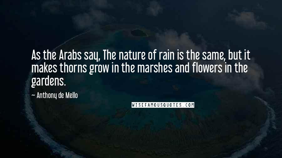 Anthony De Mello quotes: As the Arabs say, The nature of rain is the same, but it makes thorns grow in the marshes and flowers in the gardens.
