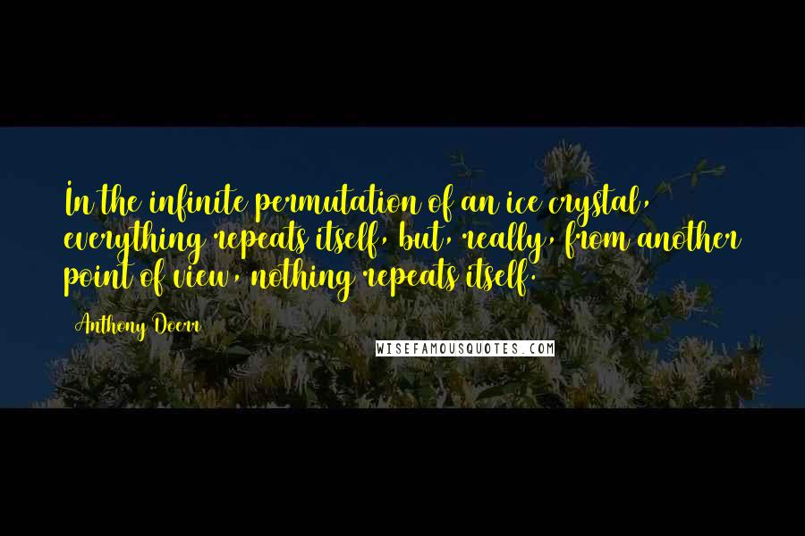 Anthony Doerr quotes: In the infinite permutation of an ice crystal, everything repeats itself, but, really, from another point of view, nothing repeats itself.