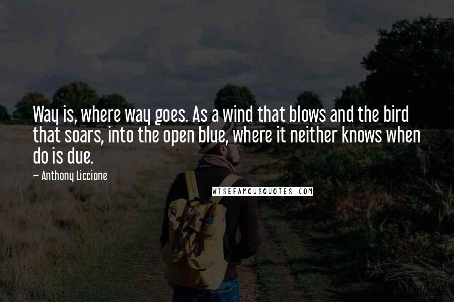 Anthony Liccione quotes: Way is, where way goes. As a wind that blows and the bird that soars, into the open blue, where it neither knows when do is due.