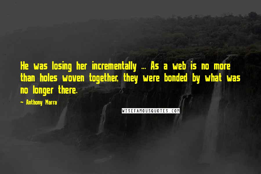 Anthony Marra quotes: He was losing her incrementally ... As a web is no more than holes woven together, they were bonded by what was no longer there. Anthony Marra quotes: He was losing her incrementally ... As a web is no more than holes woven together, they were bonded by what was no longer there.