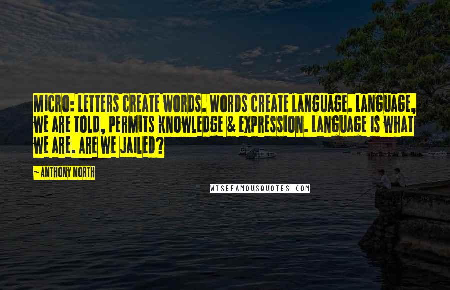 Anthony North quotes: Micro: Letters create words. Words create language. Language, we are told, permits knowledge & expression. Language is what we are. Are we jailed? Anthony North quotes: Micro: Letters create words. Words create language. Language, we are told, permits knowledge & expression. Language is what we are. Are we jailed?