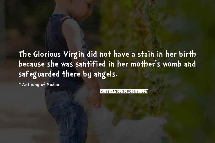 Anthony Of Padua quotes: The Glorious Virgin did not have a stain in her birth because she was santified in her mother's womb and safeguarded there by angels. Anthony Of Padua quotes: The Glorious Virgin did not have a stain in her birth because she was santified in her mother's womb and safeguarded there by angels.