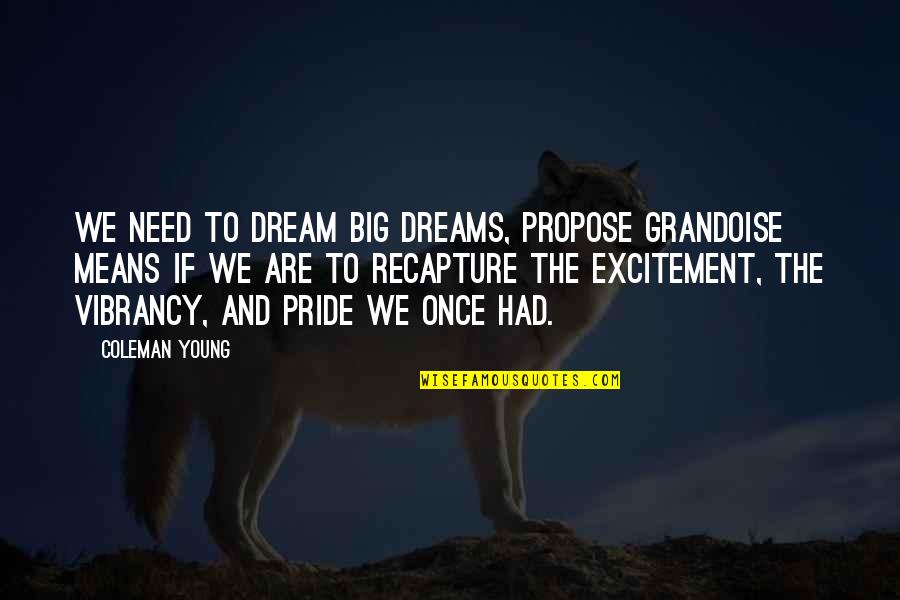 Antibes Therapeutics Quotes By Coleman Young: We need to dream big dreams, propose grandoise Antibes Therapeutics Quotes By Coleman Young: We need to dream big dreams, propose grandoise