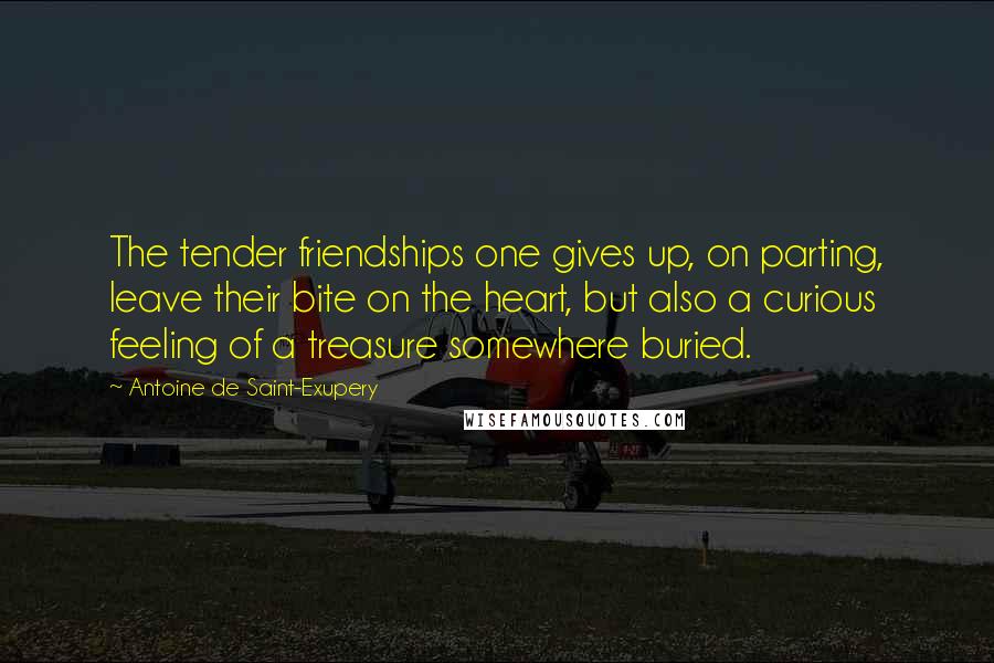 Antoine De Saint-Exupery quotes: The tender friendships one gives up, on parting, leave their bite on the heart, but also a curious feeling of a treasure somewhere buried.