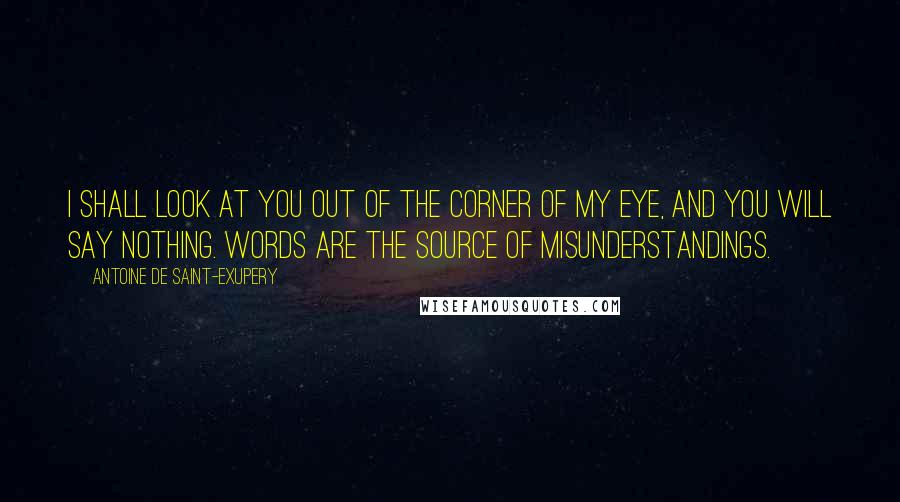 Antoine De Saint-Exupery quotes: I shall look at you out of the corner of my eye, and you will say nothing. Words are the source of misunderstandings.