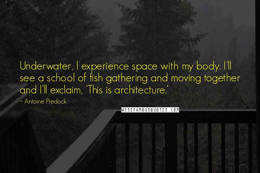 Antoine Predock quotes: Underwater, I experience space with my body. I'll see a school of fish gathering and moving together and I'll exclaim, 'This is architecture.' Antoine Predock quotes: Underwater, I experience space with my body. I'll see a school of fish gathering and moving together and I'll exclaim, 'This is architecture.'