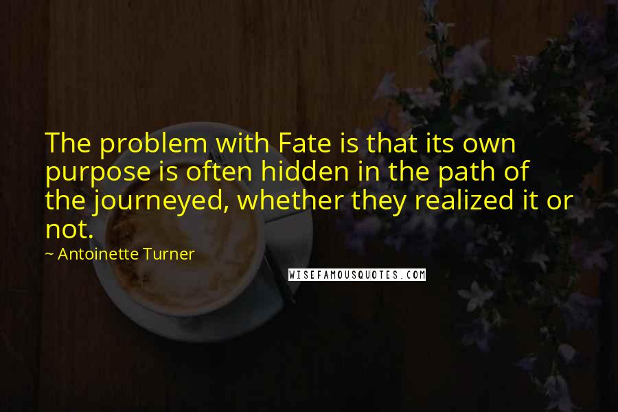 Antoinette Turner quotes: The problem with Fate is that its own purpose is often hidden in the path of the journeyed, whether they realized it or not.