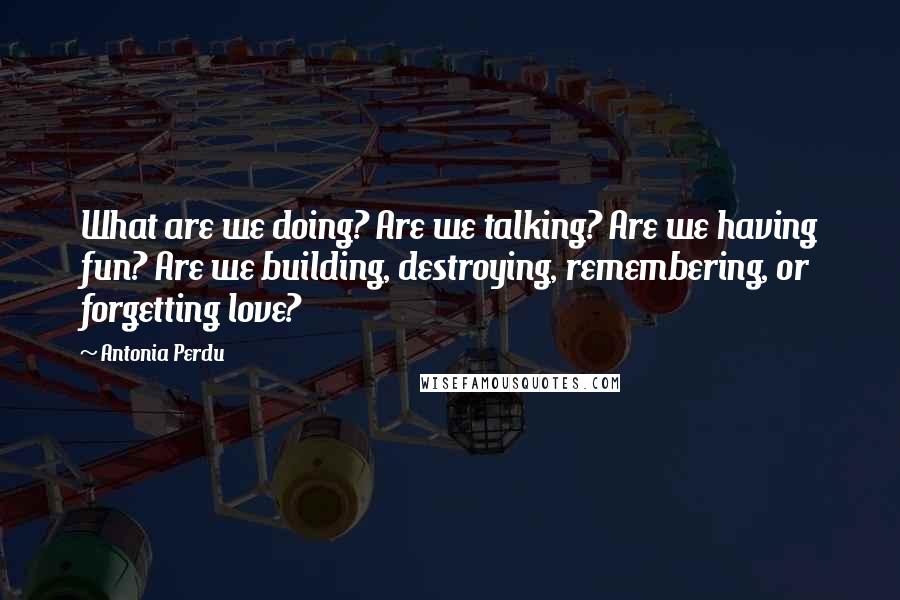 Antonia Perdu quotes: What are we doing? Are we talking? Are we having fun? Are we building, destroying, remembering, or forgetting love?