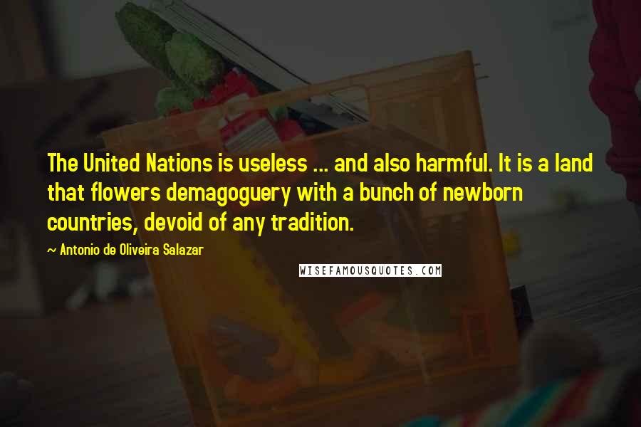 Antonio De Oliveira Salazar quotes: The United Nations is useless ... and also harmful. It is a land that flowers demagoguery with a bunch of newborn countries, devoid of any tradition.