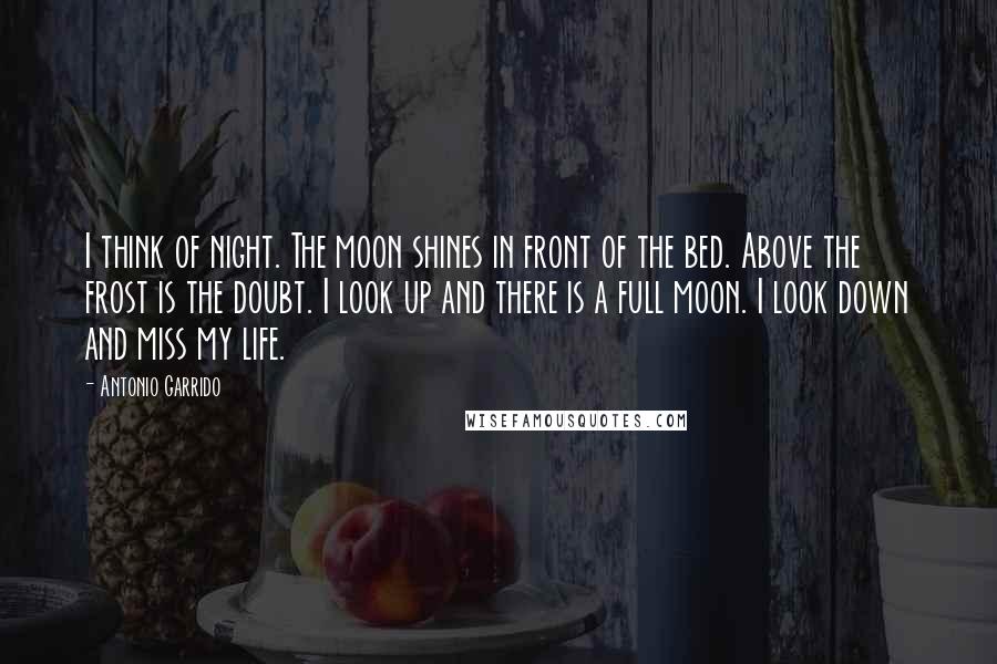 Antonio Garrido quotes: I think of night. The moon shines in front of the bed. Above the frost is the doubt. I look up and there is a full moon. I look down Antonio Garrido quotes: I think of night. The moon shines in front of the bed. Above the frost is the doubt. I look up and there is a full moon. I look down