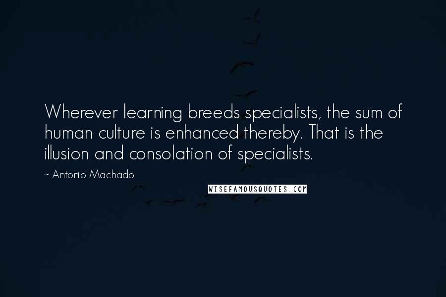 Antonio Machado quotes: Wherever learning breeds specialists, the sum of human culture is enhanced thereby. That is the illusion and consolation of specialists.
