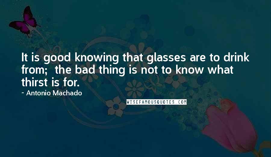 Antonio Machado quotes: It is good knowing that glasses are to drink from; the bad thing is not to know what thirst is for.
