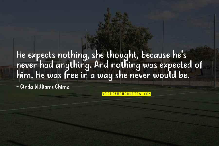 Anything Free Quotes By Cinda Williams Chima: He expects nothing, she thought, because he's never Anything Free Quotes By Cinda Williams Chima: He expects nothing, she thought, because he's never