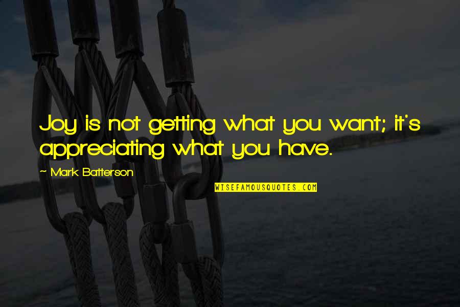 Appreciating What You Have Quotes By Mark Batterson: Joy is not getting what you want; it's