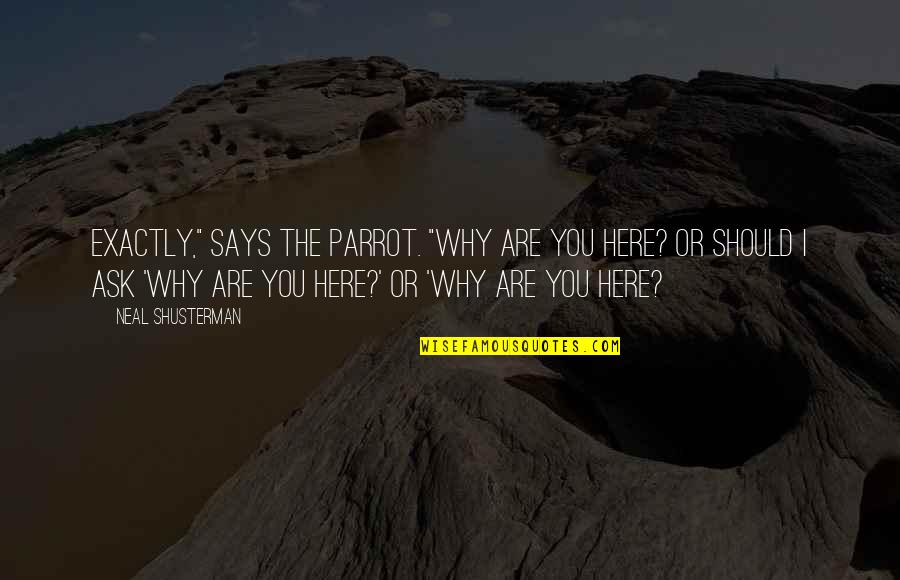 Are You Here Quotes By Neal Shusterman: Exactly," says the parrot. "WHY are you here?