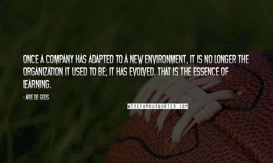 Arie De Geus quotes: Once a company has adapted to a new environment, it is no longer the organization it used to be; it has evolved. That is the essence of learning.