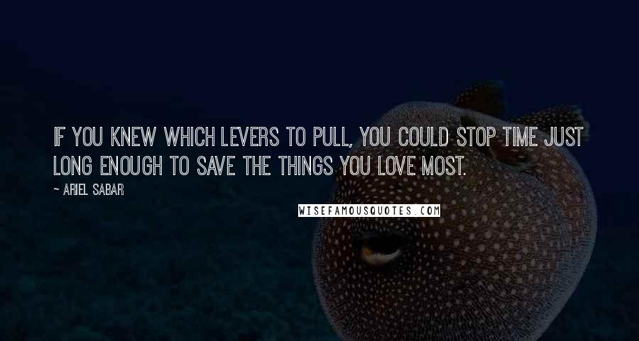 Ariel Sabar quotes: If you knew which levers to pull, you could stop time just long enough to save the things you love most. Ariel Sabar quotes: If you knew which levers to pull, you could stop time just long enough to save the things you love most.