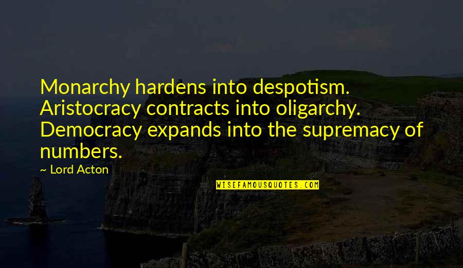 Aristocracy Quotes By Lord Acton: Monarchy hardens into despotism. Aristocracy contracts into oligarchy. Aristocracy Quotes By Lord Acton: Monarchy hardens into despotism. Aristocracy contracts into oligarchy.