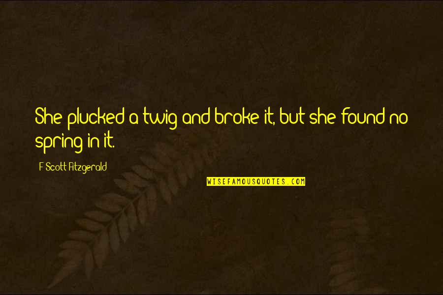 Arjmand Samuel Quotes By F Scott Fitzgerald: She plucked a twig and broke it, but Arjmand Samuel Quotes By F Scott Fitzgerald: She plucked a twig and broke it, but