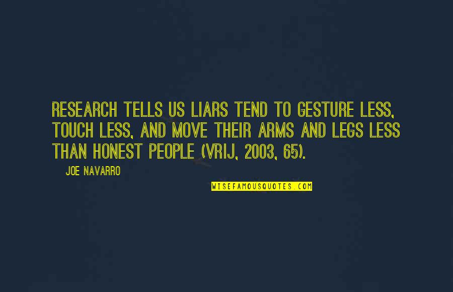 Arms And Legs Quotes By Joe Navarro: Research tells us liars tend to gesture less,