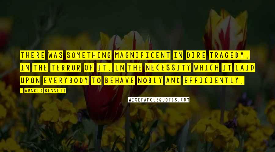 Arnold Bennett quotes: There was something magnificent in dire tragedy, in the terror of it, in the necessity which it laid upon everybody to behave nobly and efficiently. Arnold Bennett quotes: There was something magnificent in dire tragedy, in the terror of it, in the necessity which it laid upon everybody to behave nobly and efficiently.