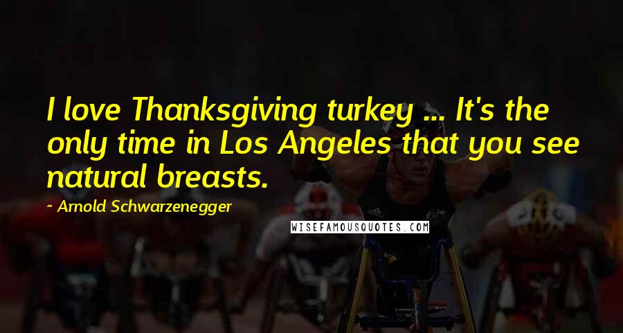 Arnold Schwarzenegger quotes: I love Thanksgiving turkey ... It's the only time in Los Angeles that you see natural breasts.