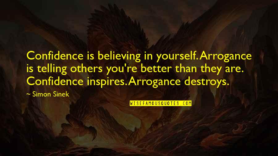 Arrogance Vs Confidence Quotes By Simon Sinek: Confidence is believing in yourself. Arrogance is telling