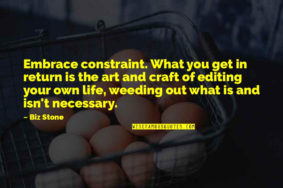 Art In Your Life Quotes By Biz Stone: Embrace constraint. What you get in return is Art In Your Life Quotes By Biz Stone: Embrace constraint. What you get in return is