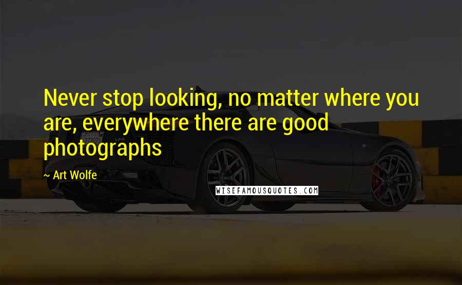 Art Wolfe quotes: Never stop looking, no matter where you are, everywhere there are good photographs