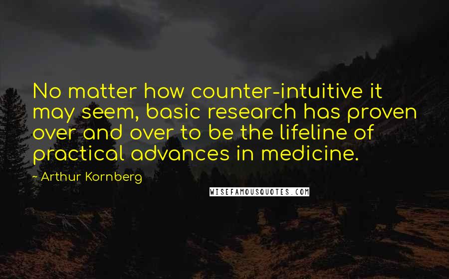 Arthur Kornberg quotes: No matter how counter-intuitive it may seem, basic research has proven over and over to be the lifeline of practical advances in medicine.
