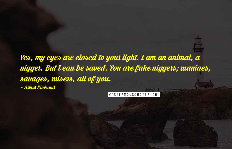 Arthur Rimbaud quotes: Yes, my eyes are closed to your light. I am an animal, a nigger. But I can be saved. You are fake niggers; maniacs, savages, misers, all of you. Arthur Rimbaud quotes: Yes, my eyes are closed to your light. I am an animal, a nigger. But I can be saved. You are fake niggers; maniacs, savages, misers, all of you.