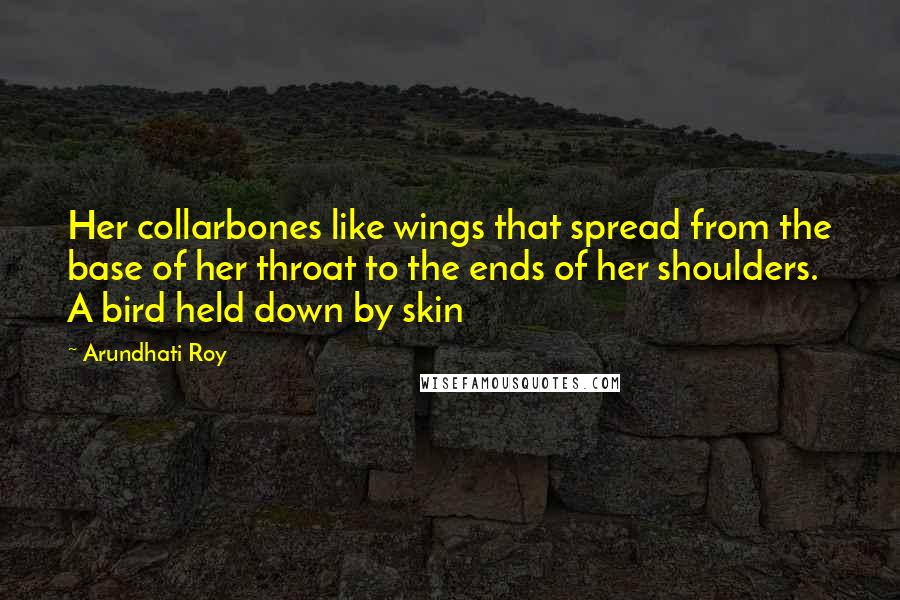 Arundhati Roy quotes: Her collarbones like wings that spread from the base of her throat to the ends of her shoulders. A bird held down by skin