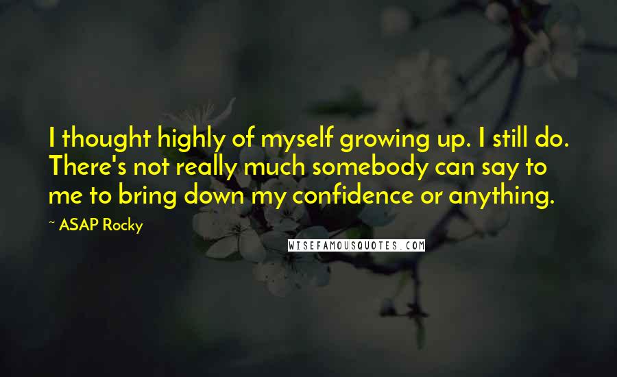 ASAP Rocky quotes: I thought highly of myself growing up. I still do. There's not really much somebody can say to me to bring down my confidence or anything. ASAP Rocky quotes: I thought highly of myself growing up. I still do. There's not really much somebody can say to me to bring down my confidence or anything.