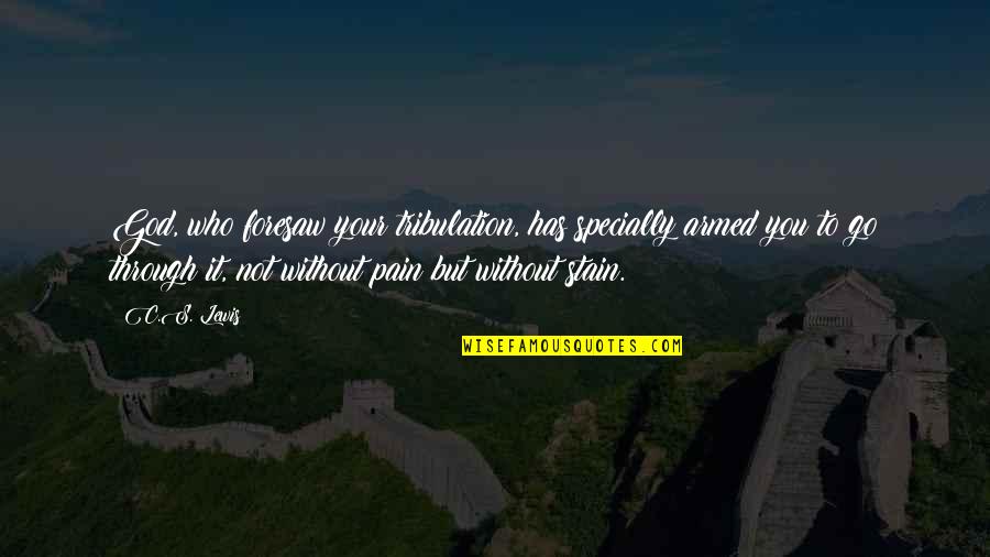 Ashanderi Quotes By C.S. Lewis: God, who foresaw your tribulation, has specially armed Ashanderi Quotes By C.S. Lewis: God, who foresaw your tribulation, has specially armed