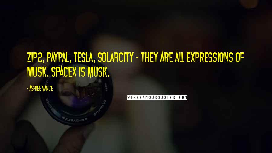 Ashlee Vance quotes: Zip2, PayPal, Tesla, SolarCity - they are all expressions of Musk. SpaceX is Musk.