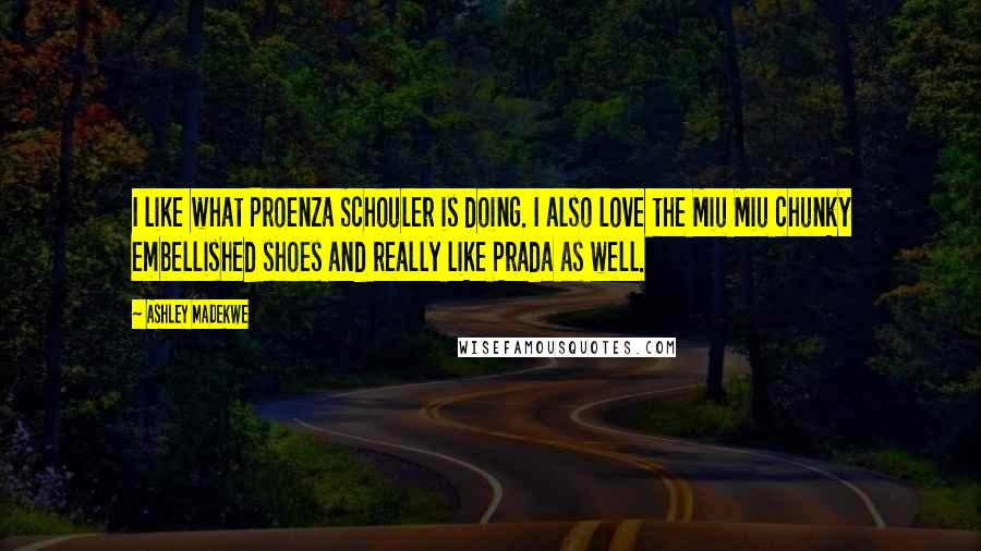 Ashley Madekwe quotes: I like what Proenza Schouler is doing. I also love the Miu Miu chunky embellished shoes and really like Prada as well.