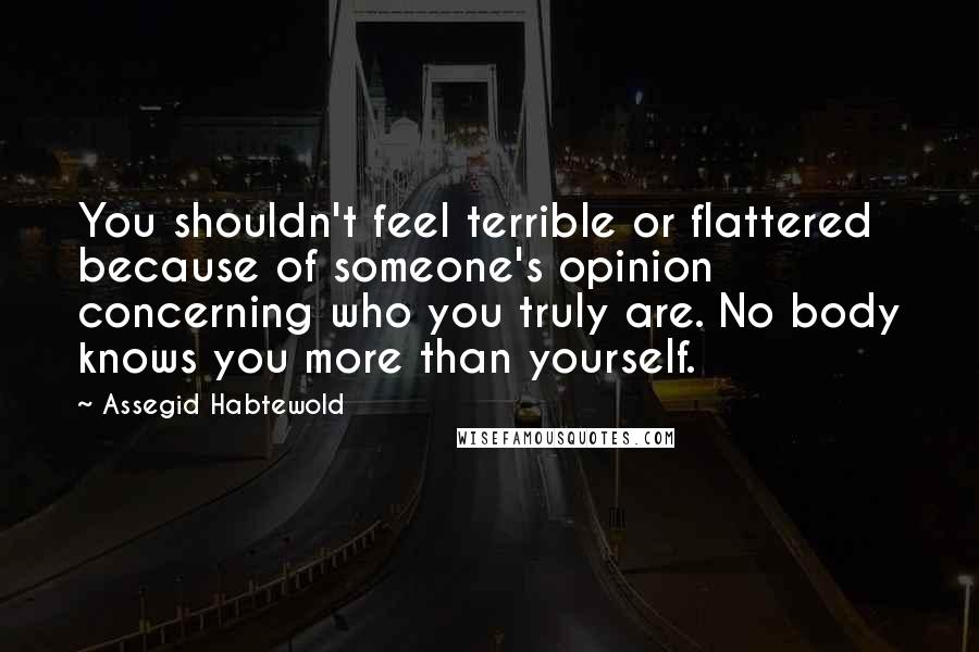 Assegid Habtewold quotes: You shouldn't feel terrible or flattered because of someone's opinion concerning who you truly are. No body knows you more than yourself.