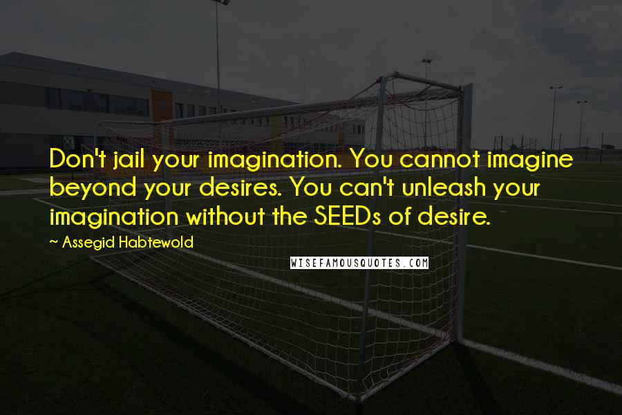 Assegid Habtewold quotes: Don't jail your imagination. You cannot imagine beyond your desires. You can't unleash your imagination without the SEEDs of desire.