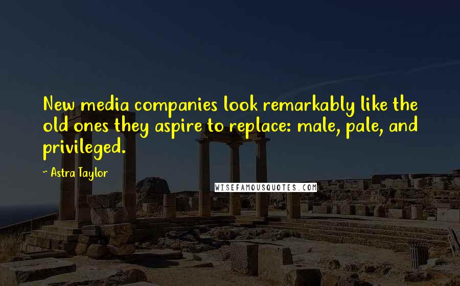 Astra Taylor quotes: New media companies look remarkably like the old ones they aspire to replace: male, pale, and privileged. Astra Taylor quotes: New media companies look remarkably like the old ones they aspire to replace: male, pale, and privileged.