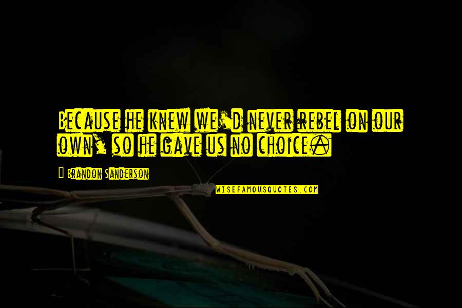 Atsn Channel Quotes By Brandon Sanderson: Because he knew we'd never rebel on our Atsn Channel Quotes By Brandon Sanderson: Because he knew we'd never rebel on our