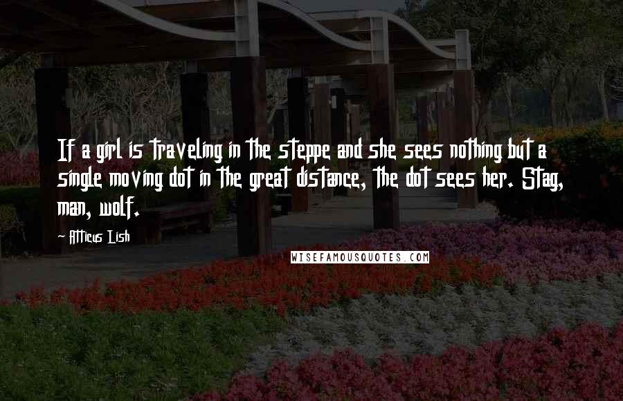 Atticus Lish quotes: If a girl is traveling in the steppe and she sees nothing but a single moving dot in the great distance, the dot sees her. Stag, man, wolf.