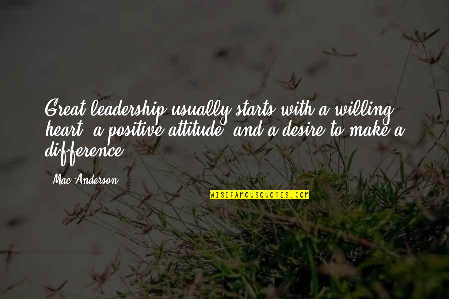 Attitude And Leadership Quotes By Mac Anderson: Great leadership usually starts with a willing heart,